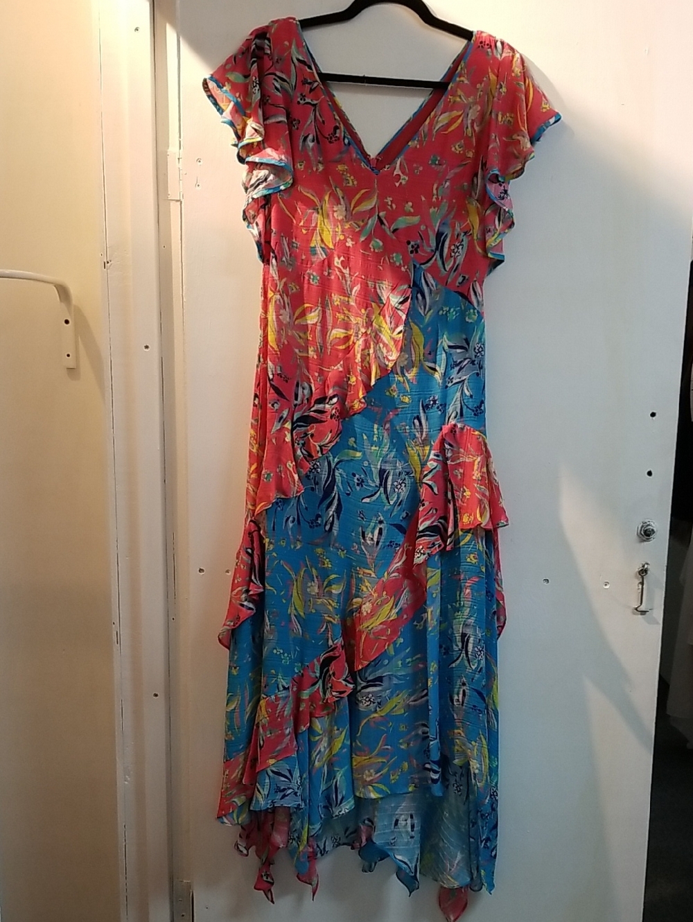 Tanya Taylor Coral and Turquoise Asymmetrical Floral Maxi Dress
